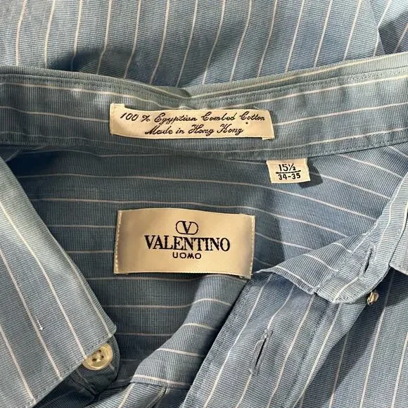 Valentino Uomo Blue Pinstripe Cotton Button Down Shirt Mens 15.5 34 35 - Picture 5 of 9